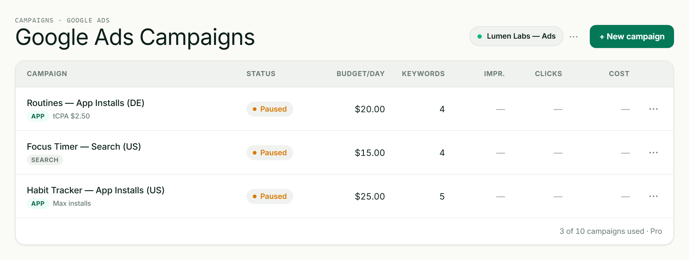 ASOScan Ad Campaigns — Google Ads app-install campaigns managed beside your ASO data
