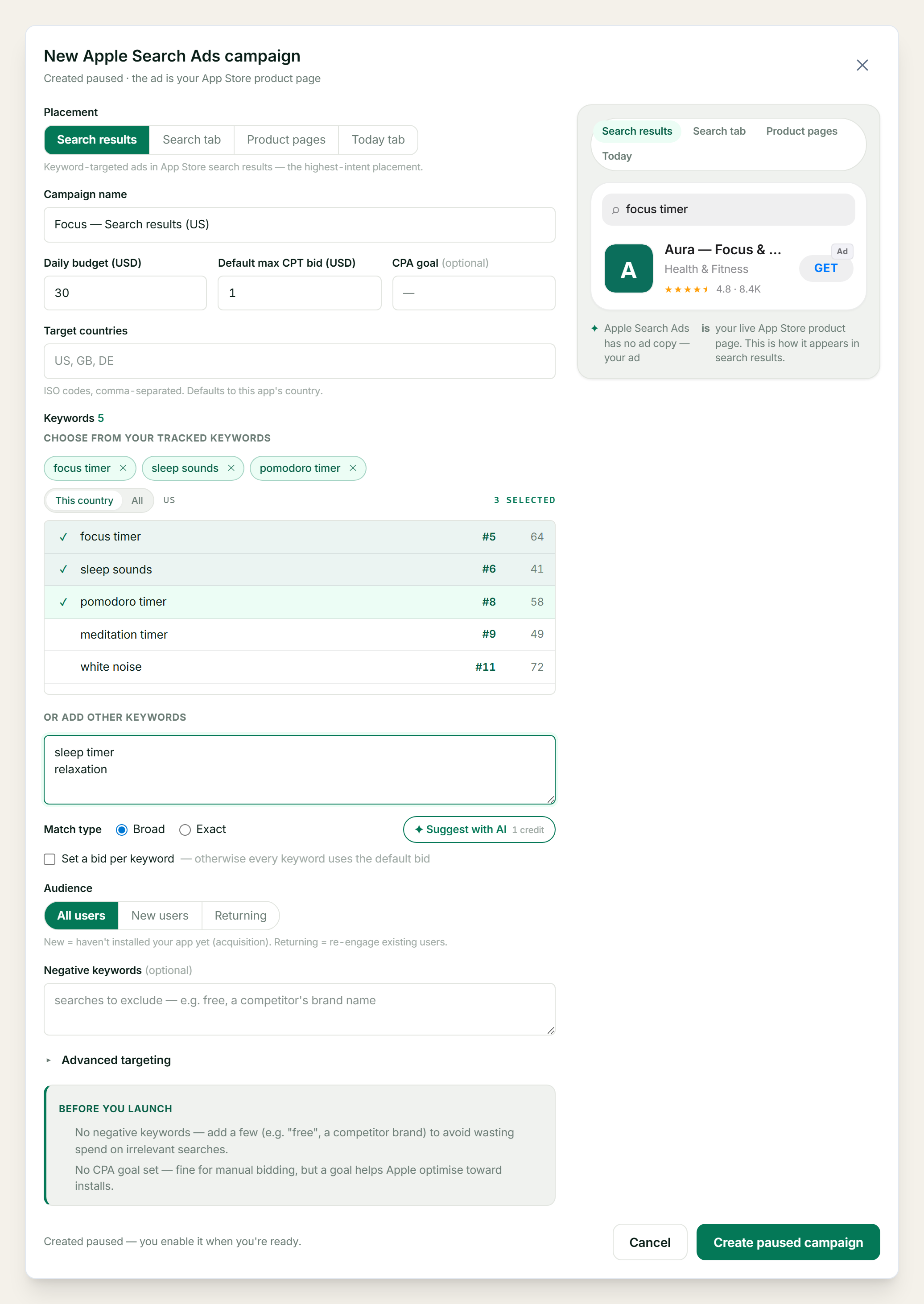 ASOScan Apple Search Ads campaign builder — keyword suggestions, placement and a live App Store ad preview