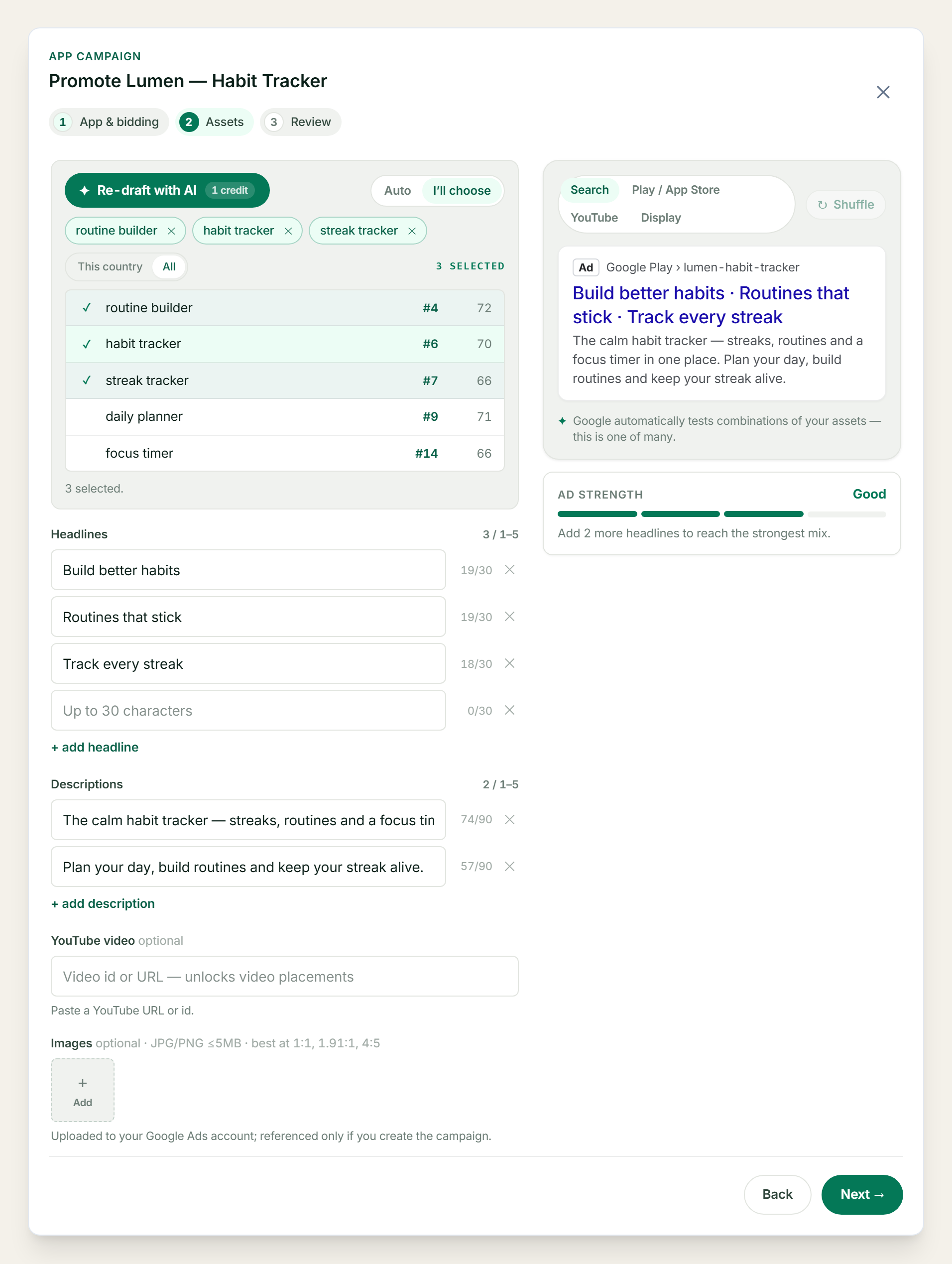 ASOScan Google Ads campaign builder — choosing keywords from your tracked terms to build an app-install campaign