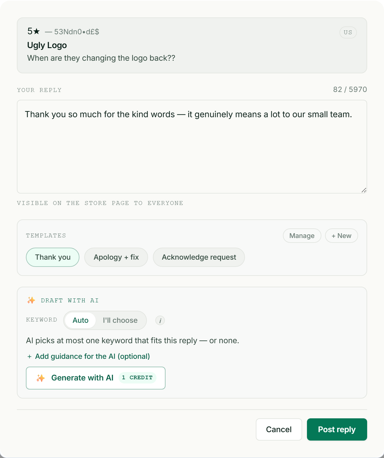 ASOScan AI review reply composer